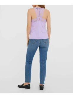 Top lavande uni coupe régular avec un col v et de la dentelle dans le dos et au col