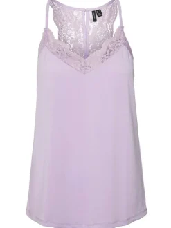 Top lavande uni coupe régular avec un col v et de la dentelle dans le dos et au col