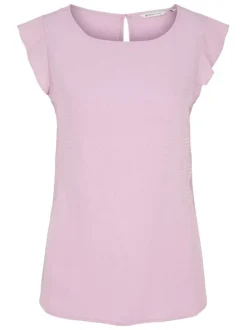 Top lilas uni coupe régular avec un col rond et des volants sur la manches