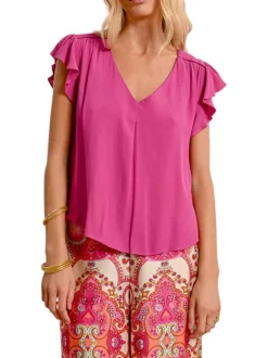 Top manches courtes fuchsia uni avec une coupe droite et un col v