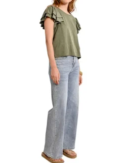 Top manches courtes kaki uni avec une coupe droite et un col rond