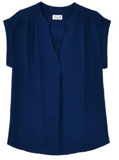 Top manches courtes marine uni avec une coupe droite et un col v