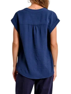 Top manches courtes marine uni avec une coupe droite et un col v
