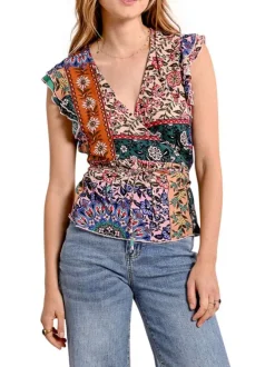 Top manches courtes multicolore fleuri avec une coupe droite et un col v