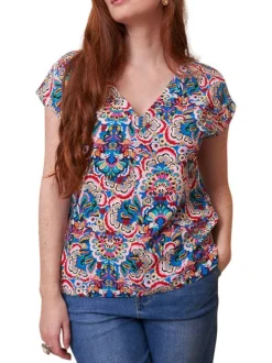 Top manches courtes multicolore fleuri avec une coupe droite et un col v