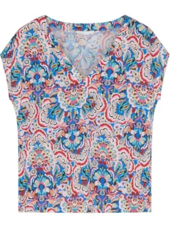Top manches courtes multicolore fleuri avec une coupe droite et un col v