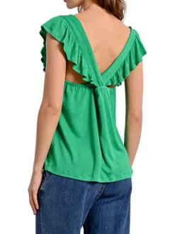 Top manches courtes vert uni avec une coupe droite et un col v