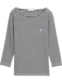 Top à manches 3/4 en coton bleu marine à rayures fines avec un col bateau
