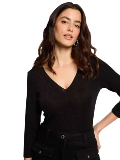 Top à manches 3/4 noir pailleté à coupe ajustée avec un col v