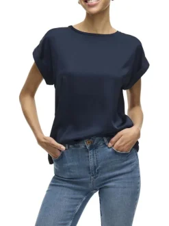 Top marine uni avec une coupe droite à col rond et des manches courtes