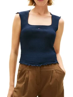 Top marine uni en maille gaufrée avec une coupe moulante et un col carré