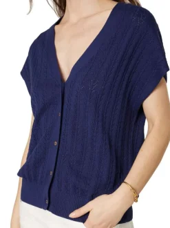 Top marine uni sans manche pourvu d'une coupe droite et d'un col v