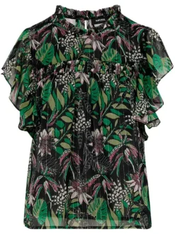 Top multicolore fantaisie coupe droite col rond et fente dans le dos