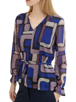 Top multicolore imprimé avec une coupe ample un col v et des manches longues