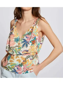 Top multicolore pour femme imprimé végétal coupe évaséee