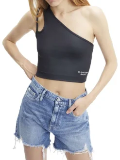 Top noir asymétrique sans manches avec logo écriture blanc