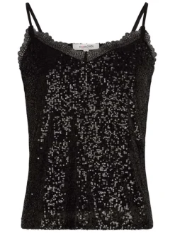 Top noir en sequins à coupe ajustée, col v en dentelle et à bretelles