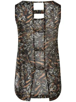 Top noir en voile semi-transparent fluide et ouvert dans le dos