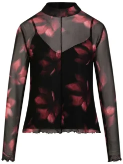 Top noir floral avec une coupe moulante et des manches longues