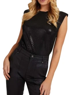 Top noir à sequins, sans manches et à col rond