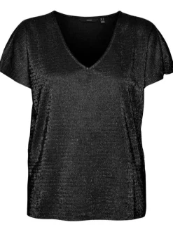 Top noir texturé avec une coupe regular fit un col v et à manches courtes