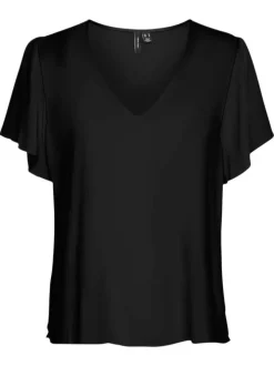 Top noir uni avec un col v et des manches courtes volantes et amples