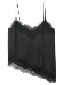 Top noir uni avec une coupe ajustée et un col v en dentelle