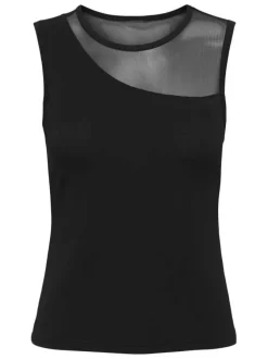 Top noir uni avec une coupe droite à col rond et sans manches