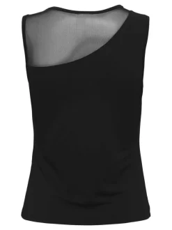 Top noir uni avec une coupe droite à col rond et sans manches