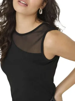 Top noir uni avec une coupe droite à col rond et sans manches