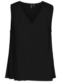Top noir uni avec une coupe droite, col v et sans manches ample