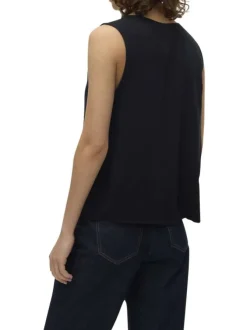 Top noir uni avec une coupe droite, col v et sans manches ample