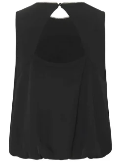 Top noir uni avec une coupe droite et un col rond à liseré brillant