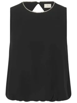Top noir uni avec une coupe droite et un col rond à liseré brillant