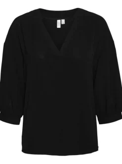 Top noir uni avec une coupe droite un col v et des manches 3/4 ballon