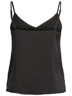 Top noir uni coupe droite avec un col v et des bretelles fines