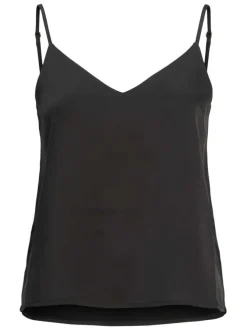Top noir uni coupe droite avec un col v et des bretelles fines