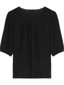 Top noir uni à coupe droite avec un col v et des manches courtes