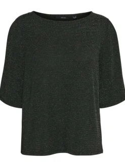 Top noir uni droit à col rond large et à manches courtes larges