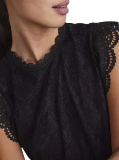 Top noir uni en dentelle avec une coupe droite un col rond et sans manches