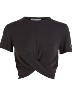 Top noir uni noué à l'avant et initiales brodées en blanc sur la manche gauche