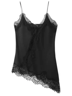 Top noir uni sans manche pourvu d'une coupe asymétrique et d'un col v