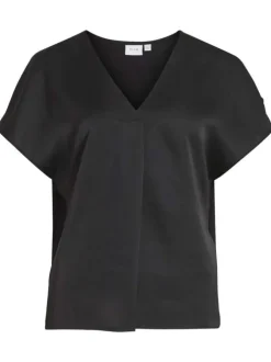 Top noir uni satiné avec une coupe droite un col v et des manches courtes