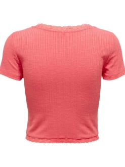 Top pêche côtelé avec des détails en dentelle une coupe cropped et un col v