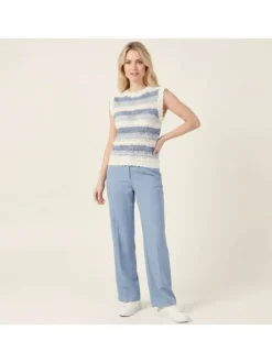 Top rayé en coton mélangé blanc et bleu avec une coupe droite et un col rond