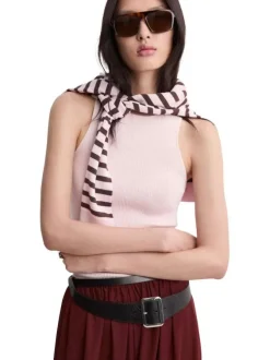 Top rose uni sans manche pourvu d'une coupe ajustée et d'un col rond