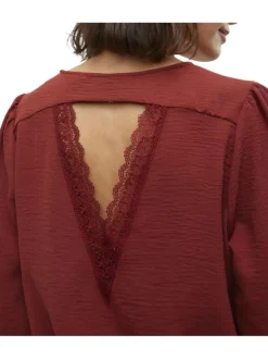 Top rouge brique uni à coupe droite et à col rond avec des manches longues
