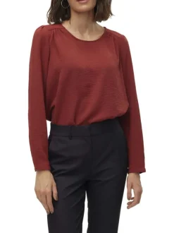 Top rouge brique uni à coupe droite et à col rond avec des manches longues