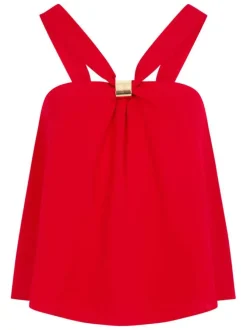 Top rouge chic uni pourvu d’une coupe droite et d’un col croisé
