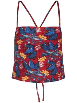 Top rouge fleuri à col carré avec logos brodés sur les bretelles